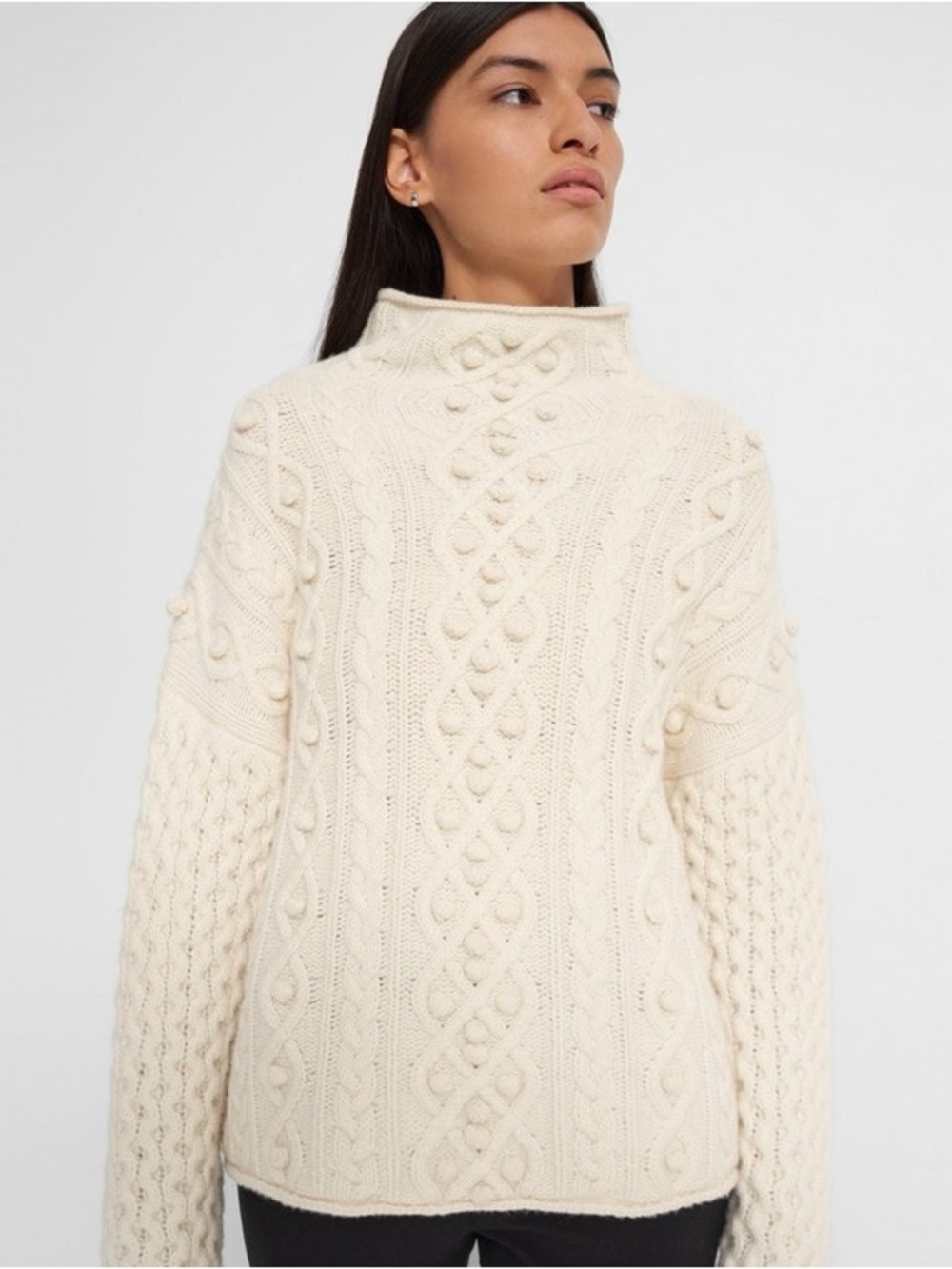 Theory Cashmere Wool Ecru Ivory Cream Mixed Cable Knit Turtleneck Sweater S